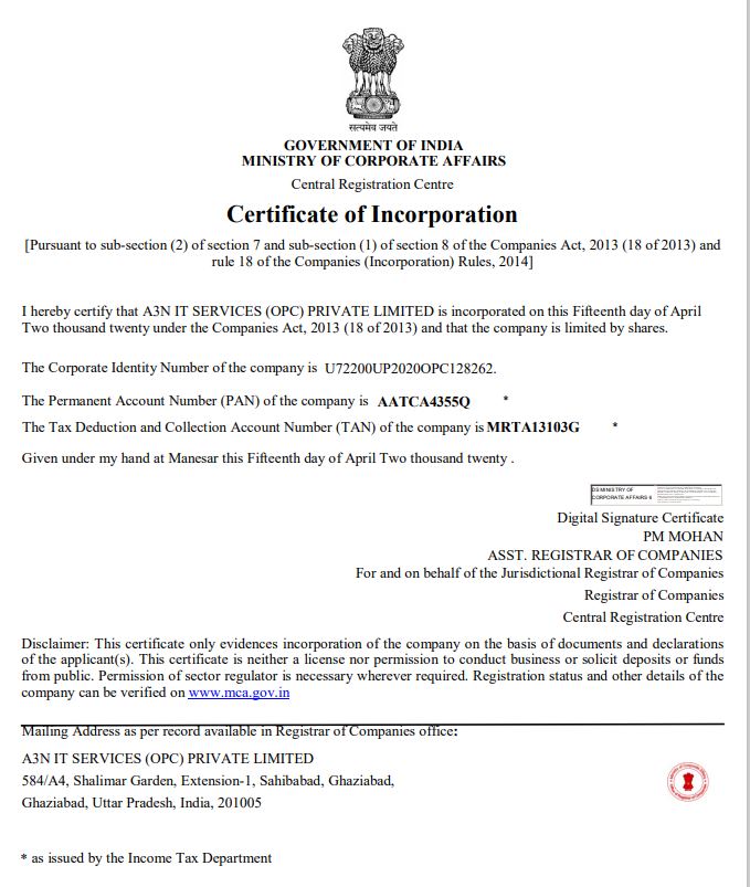 Shishu vikas yojana Incorporation certificate
